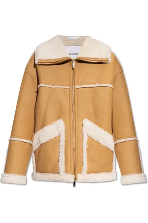Halfboy Jassen, Dames, Bruin, S, Leer, Shearling jas met zakken