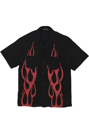 Vision Of Super Overhemden, Heren, Zwart, XS, Flames All Over Short Sleeve Shirt