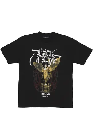 Vision Of Super Tops, Heren, Zwart, M, Katoen, Zwarte Gothic Tee met Vlammen Borduurwerk