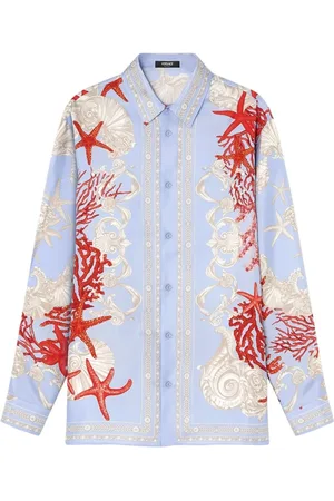 VERSACE Overhemden, Heren, Blauw, L, Blauw Zee Motief Knoopshirt