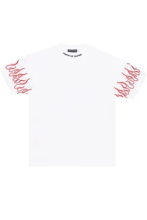 Vision Of Super Tops, Heren, Wit, L, Katoen, Vlammen Geborduurd T-shirt Wit/Rood
