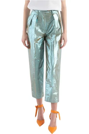 TELA Broeken, Dames, Groen, S, Leer, Hoge Taille Casual Broek met Pences