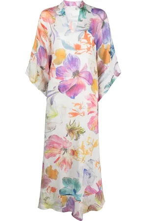 120% Lino Kleedjes, Dames, Veelkleurig, S, Linnen, Bloemenprint Kaftan Jurk met Splitten