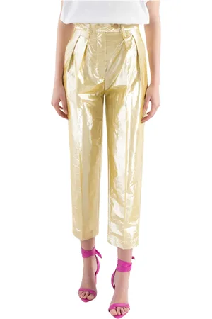 TELA Broeken, Dames, Geel, S, Katoen, Hoge Taille Lurex Casual Broek