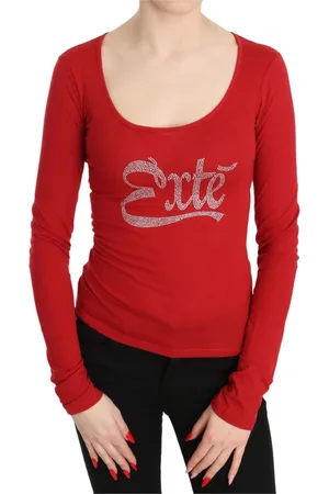 Exte Tops, Dames, Rood, 2Xs, Katoen, Rood kristalversierd langemouwtopje