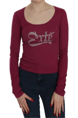 Exte Tops, Dames, Rood, S, Katoen, Fuchsia Kristalversierde Blouse met U-Halslijn