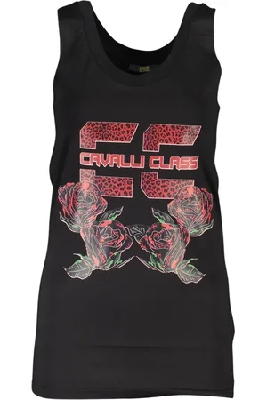 Roberto Cavalli Tops, Dames, Zwart, S, Katoen, Zwart Bedrukte Tank met Logo Detail