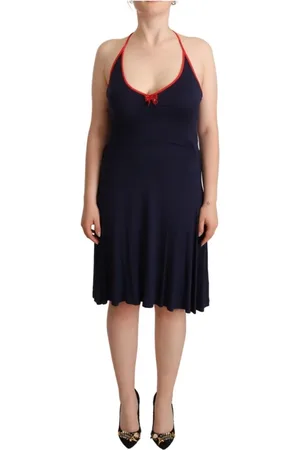 Rocco Barocco Kleedjes, Dames, Blauw, M, Katoen, Navy Halter Midi Jurk