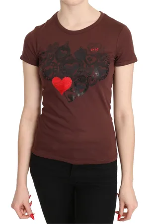 Exte Tops, Dames, Bruin, S, Katoen, Bruin Hartenprint Korte Mouw Top