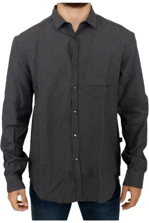 Costume National Overhemden, Heren, Grijs, M, Linnen, Grijs Geruit Linnen Blend Overhemd