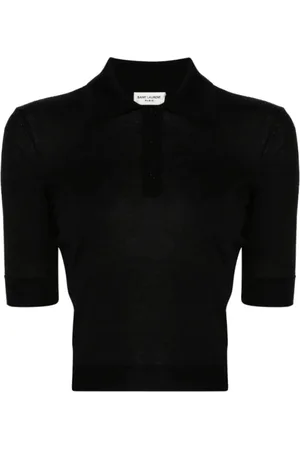 Saint Laurent Tops, Dames, Zwart, S, Wol, Zwart Geborduurde Polo Top