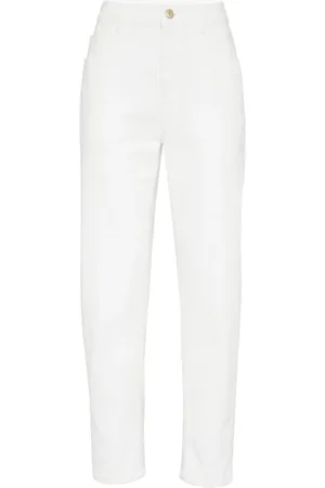 Brunello Cucinelli Broeken, Dames, Wit, S, Katoen, High-rise tapered jeans met Monili-ketting