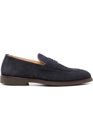 Brunello Cucinelli Schoenen, Heren, Blauw, 42 EU, Suède, Blauwe Suède Penny Slot Loafers