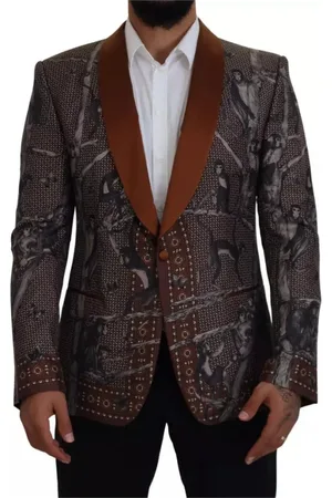 Dolce & Gabbana Jassen, Heren, Veelkleurig, S, Wol, Bronze Monkey Print Zijden Blazer Jas