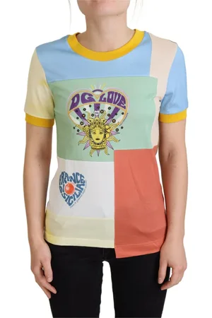 Dolce & Gabbana Tops, Dames, Veelkleurig, S, Katoen, Kleurrijk Patchwork Katoenen T-shirt