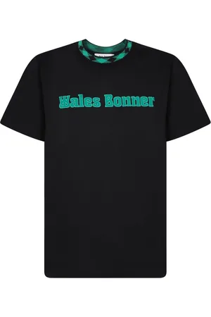 WALES BONNER Tops, Heren, Zwart, XL, Katoen, Zwart T-shirt met Teal Logo
