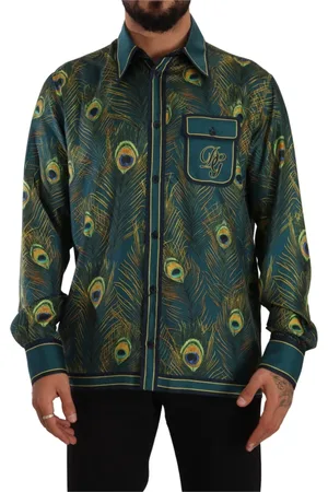 Dolce & Gabbana Overhemden, Heren, Veelkleurig, L, Groene pauwenveerprint zijden overhemd