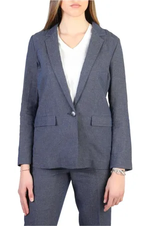 Emporio Armani Jassen, Dames, Blauw, XL, Katoen, Geknoopt Katoen Linnen Dames Blazer