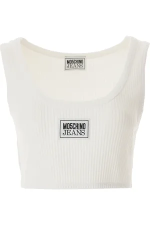 Moschino Tops, Dames, Wit, L, Katoen, Geribbelde Crop Top met Logo Patch