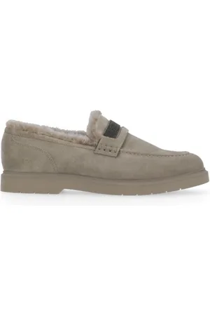 Brunello Cucinelli Schoenen, Dames, Grijs, 37 EU, Suède, Grijze suède loafers met messing details