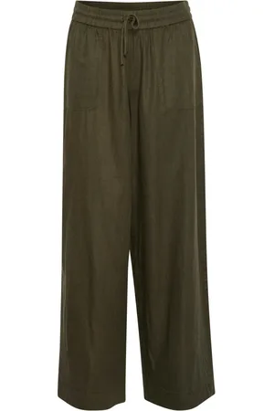 Kaffe Broeken, Dames, Groen, XL, Linnen, Wijde Pijp Forest Night Broek