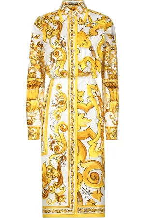Dolce & Gabbana Kleedjes, Dames, Geel, M, Katoen, Majolica Print Katoenen Overhemdjurk