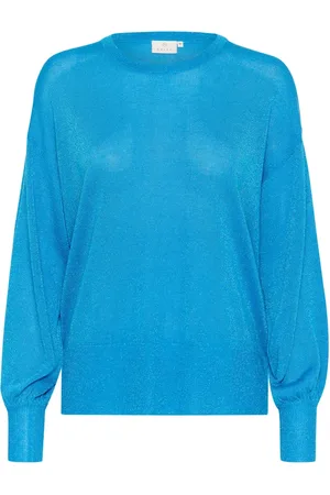 Kaffe Truien, Dames, Blauw, 2Xl, Polyester, Blauwe Gebreide Trui met Pofmouwen