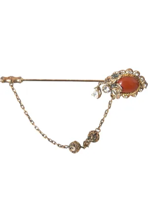 Dolce & Gabbana Accessoires, unisex, Geel, ONE Size, Leer, Gouden Kristal Ketting Pin Broche