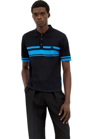 WALES BONNER Tops, Heren, Blauw, L, Wol, Gestreept wollen gebreid poloshirt