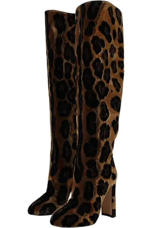 Dolce & Gabbana Schoenen, Dames, Bruin, 36 EU, Leer, Giraffe Velvet Kniehoge Laarzen