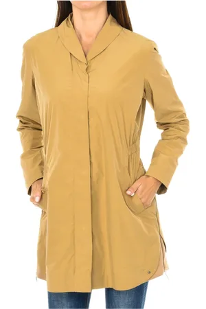 Emporio Armani Jassen, Dames, Bruin, M, Polyester, Bruine Jas met Revers, Knopen en Rits