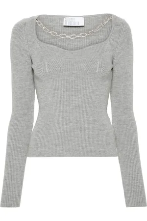GIUSEPPE DI MORABITO Truien, Dames, Grijs, M, Wol, Kristalversierde Sweater Grijs Geribbeld Gebreid