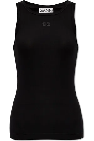 Ganni Tops, Dames, Zwart, L, Katoen, Logo-geborduurd top