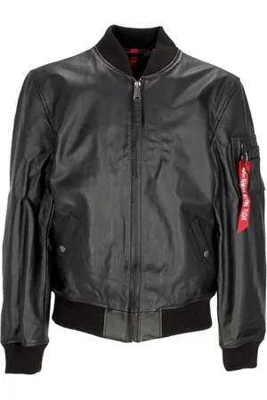 Alpha Industries Jassen, Heren, Zwart, S, Leer, Zwarte leren bomberjack met rits