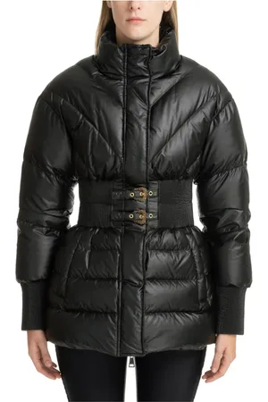 VERSACE Jassen, Dames, Zwart, XS, Polyester, Stijlvolle Down Jacket met Gesp Detail
