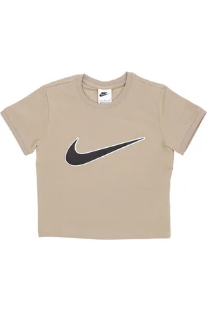 Nike Tops, Dames, Bruin, XS, Katoen, Swoosh Logo Cropped T-Shirt Khaki