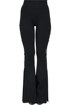 VERSACE Broeken, Dames, Zwart, L, Leer, Zwarte casual broek met uitlopende pijpen