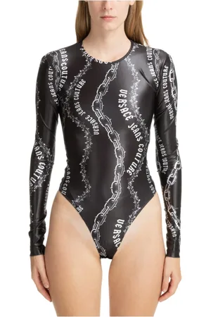 VERSACE Tops, Dames, Zwart, 2Xs, Polyester, Abstract Multicolor Logo Bodysuit
