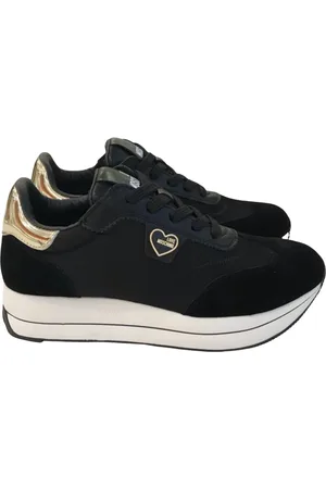 Moschino Schoenen, Dames, Zwart, 36 EU, Suède, Zwarte platte sneakers met suède details