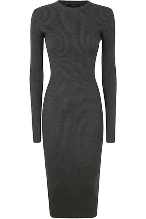 WARDROBE.NYC Kleedjes, Dames, Zwart, M, Wol, Houtskool Geribbelde Lange Mouw Jurk