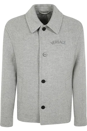 VERSACE Jassen, Heren, Grijs, XL, Wol, Solide Wol Blouson met Borduurwerk