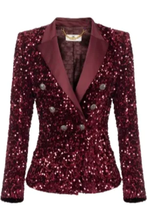 Elisabetta Franchi Jassen, Dames, Rood, M, Satijn, Bordeaux Sequin Geborduurd Double-Breasted Jas