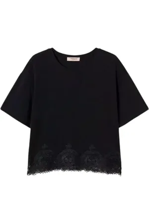 Twin-Set Tops, Dames, Zwart, M, Geknipte Kant T-shirt met Macramé