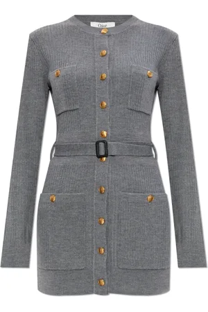Chloé Kleedjes, Dames, Grijs, L, Wol, Wollen Jurk met Taille Riem