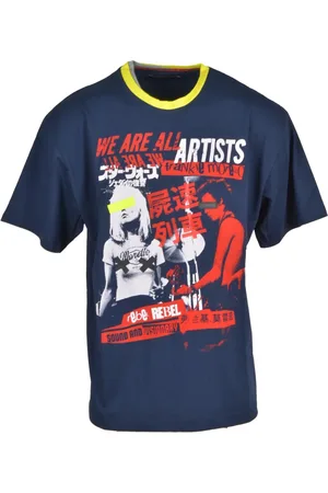 FRANKIE MORELLO Tops, Heren, Blauw, L, Katoen, Blauw Bedrukt Ronde Hals T-shirt Mannen