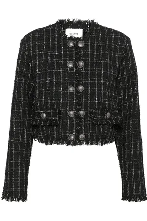 Gestuz Jassen, Dames, Zwart, L, Polyester, Geruite jas met knopen