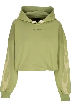 Vision Of Super Sweatshirts & Hoodies, Heren, Groen, M, Katoen, Flames Crop Hoodie Groen/Off White