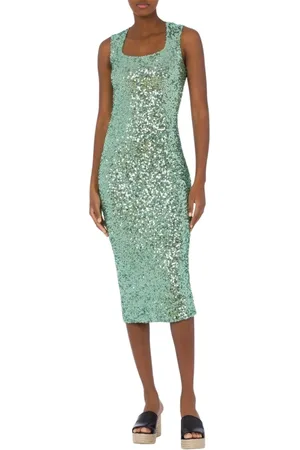 Moschino Kleedjes, Dames, Groen, L, Pailletten, Pailletten Geborduurde Midi Jurk Groen