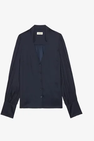 Zadig & Voltaire Blouses & Shirts, Dames, Blauw, S, Satijn, Navy satijnen blouse met strass-knopen