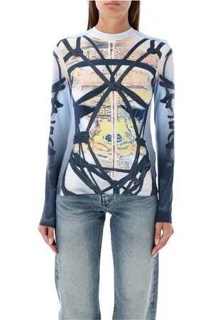Y / PROJECT Tops, Dames, Veelkleurig, S, Bondage Print Top Blauw Zwart